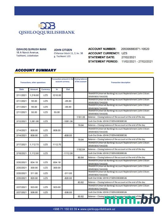Szablon wyciągu bankowego Uzbekistan KDB w programie Word i PDF